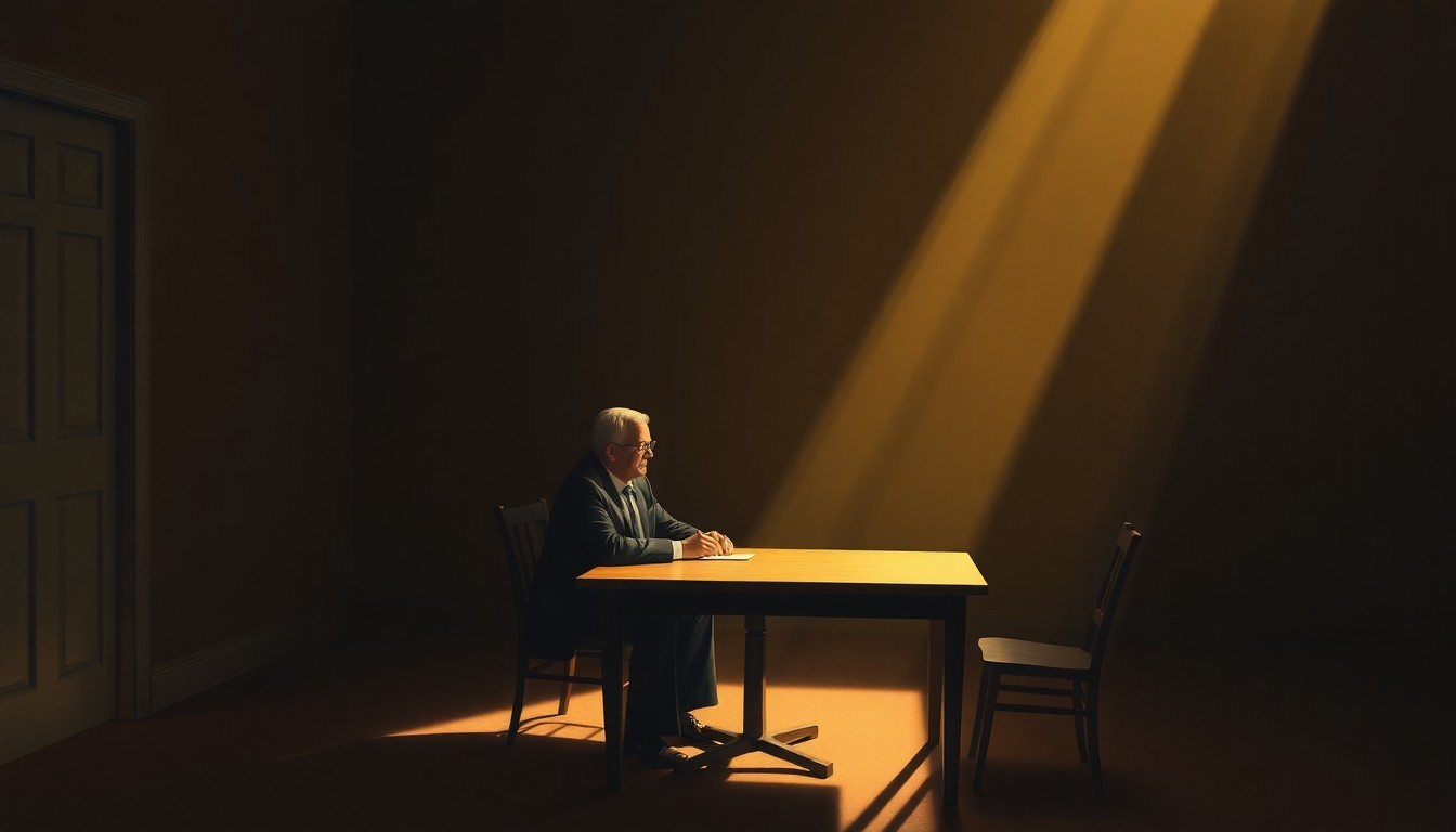A solitary politician sits at a simple card table in an empty, dimly lit room, the scene bathed in warm, diagonal sunlight and deep shadows, capturing the quiet, cinematic mood of this political experiment.