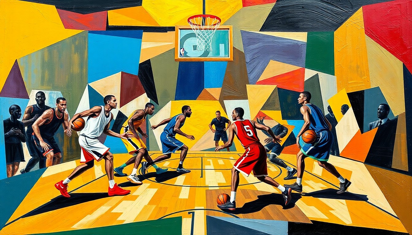 A cubist-style painting depicting an abstracted basketball game, with the players, court, and ball broken down into sharp, overlapping geometric shapes in a vibrant color palette.