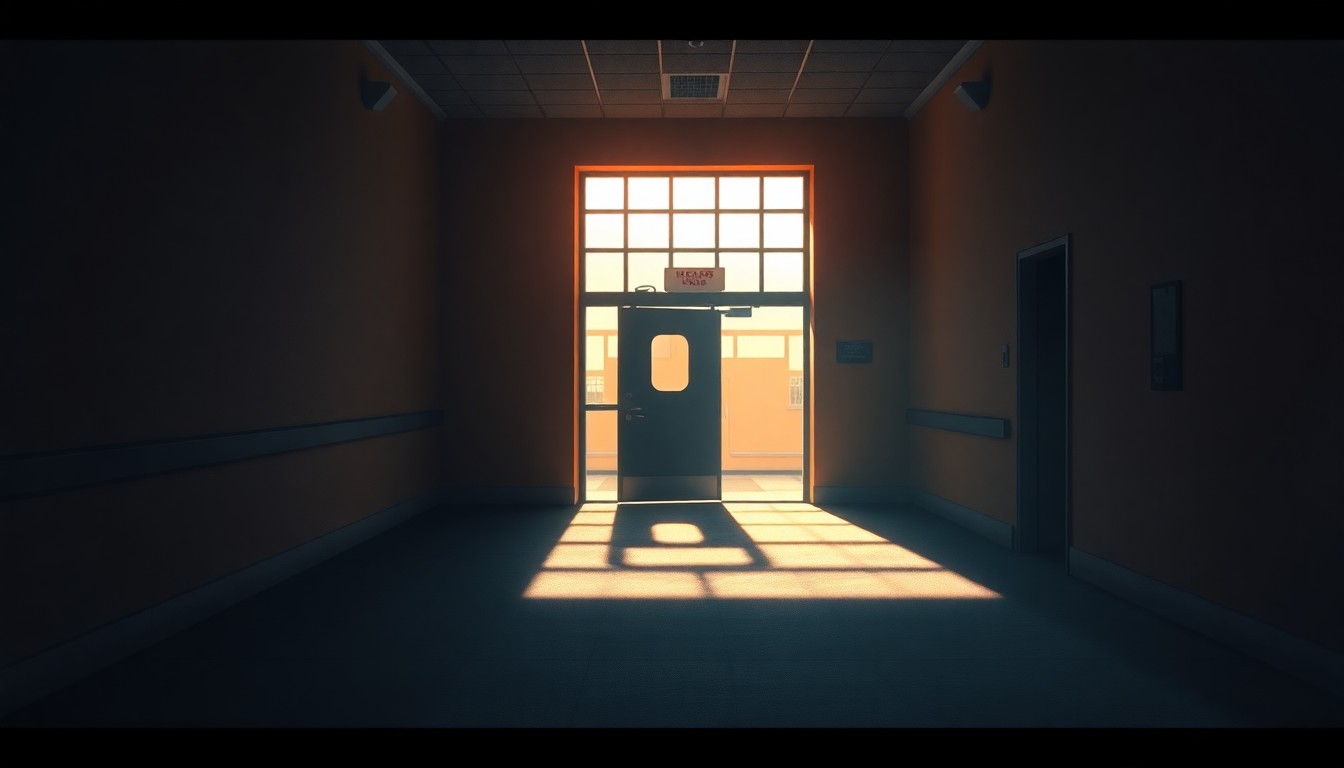 A dimly lit, cinematic painting of a hospital entrance, with warm sunlight casting long shadows across the scene, conveying a sense of unease and uncertainty around immigration enforcement.
