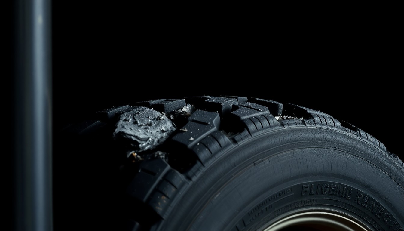 An extreme close-up of a heavily damaged tractor-trailer tire tread, conveying the force and impact of the crash through the textured, gritty visual details.