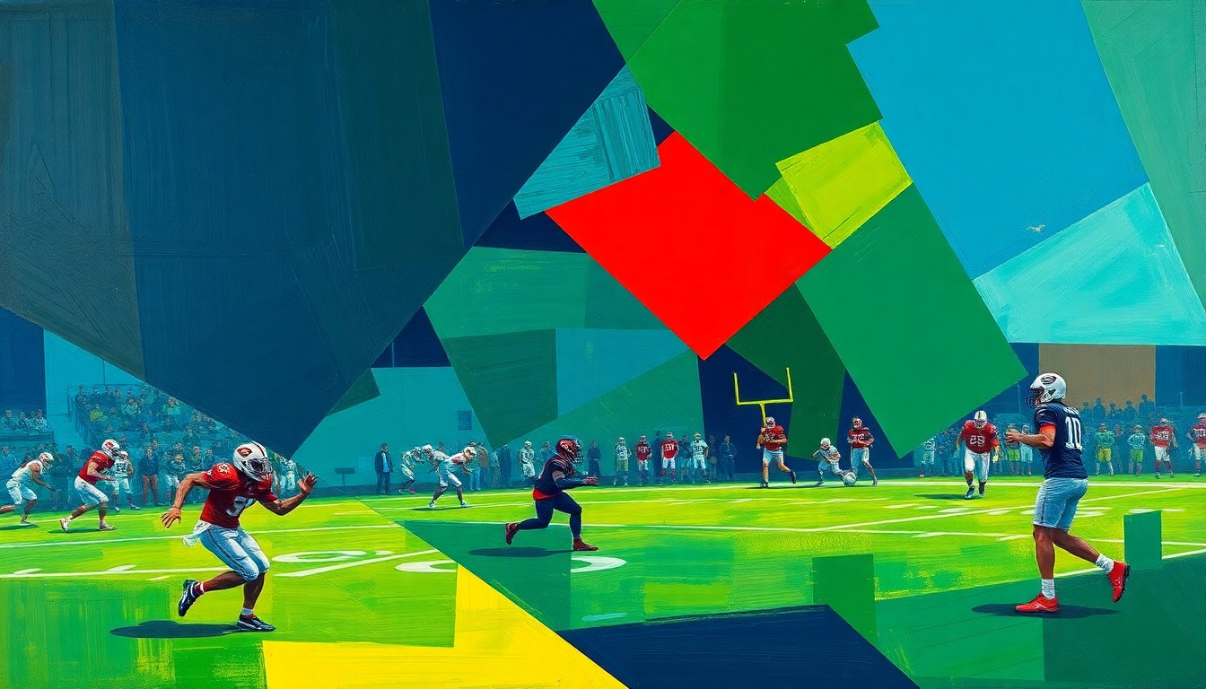 A cubist, geometric painting depicting a fragmented football field or coaching scene, with sharp planes of navy blue, forest green, and crimson red conveying the challenges Purdue has faced in finding stability on the sidelines.