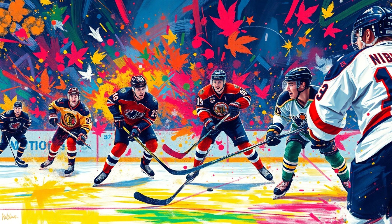 An abstract expressionist painting in vibrant neon colors, with rapid brushstrokes capturing the energy and emotion of a hockey game, the players' forms dissolving into unrecognizable shapes and splatters.