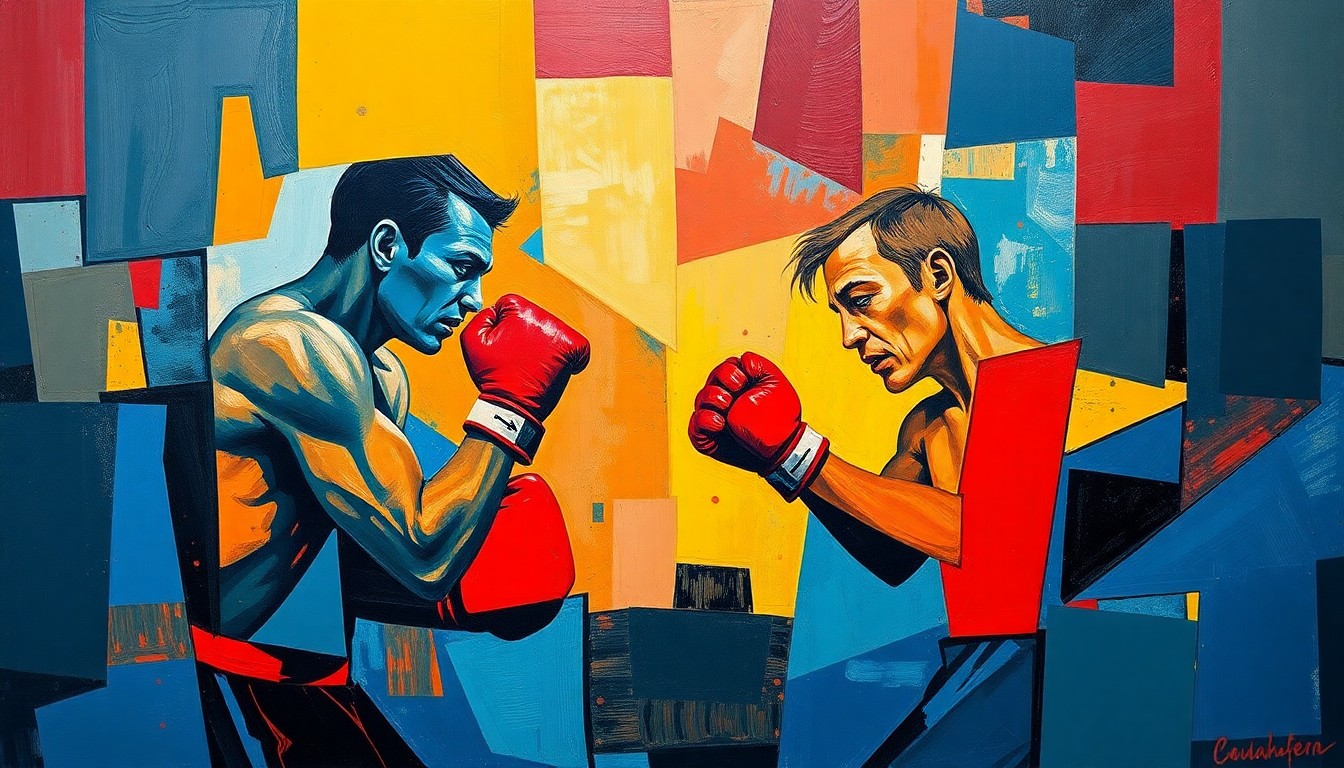 A cubist-style painting depicting a boxing match or training session, with the figures and actions broken down into sharp, overlapping geometric shapes and planes in a palette of deep blues, reds, and yellows, conceptually representing the distractions and challenges Mayweather faces outside the ring.