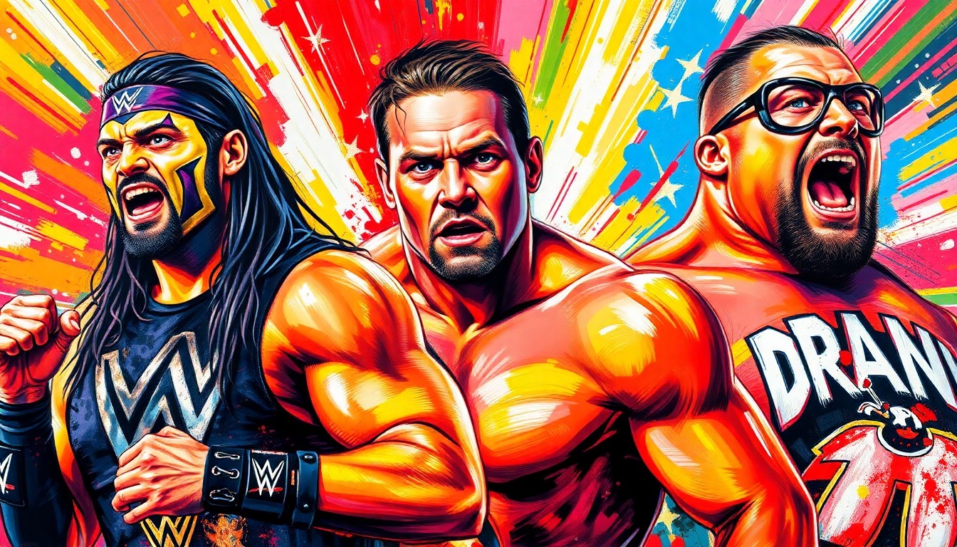 A vibrant, expressionist painting in neon colors depicting the dynamic movements and intense expressions of several WWE wrestlers, their faces and bodies blending together in an abstract, energetic composition.
