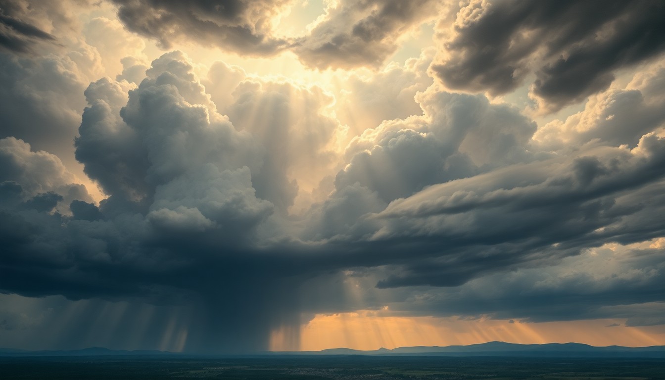 A vast, atmospheric landscape painting depicting an ominous, stormy sky filled with dramatic clouds and rays of light, dwarfing a small town or city in the distance, conveying the overwhelming power of an impending severe weather event.