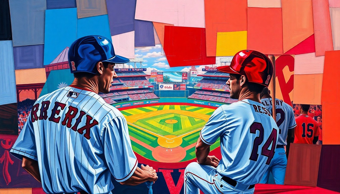 A cubist, geometric painting depicting a baseball game between the Boston Red Sox and Minnesota Twins, with overlapping shapes and planes in the teams' colors representing the dynamic action on the field.