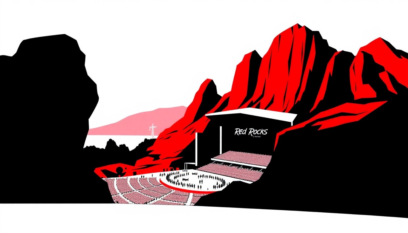 A minimalist, abstract illustration featuring bold, jagged shapes and silhouettes in high-contrast red and white, conceptually representing the iconic Red Rocks Amphitheatre and its upcoming concert events.