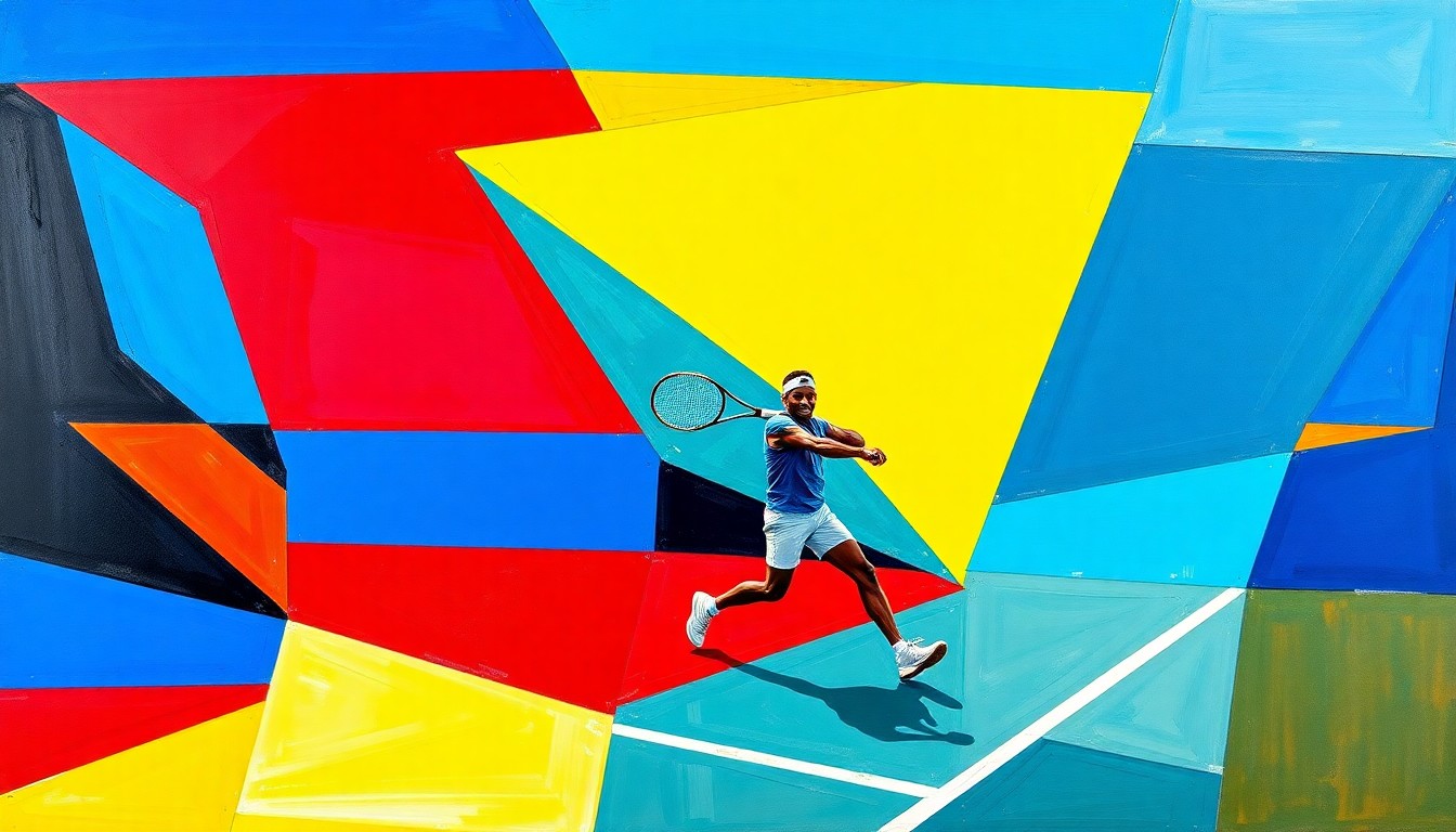 A fractured, multi-perspective painting featuring sharp, overlapping geometric planes in vibrant colors like cobalt blue, crimson red, and sunshine yellow, conceptually representing the dynamic and aggressive playing style of tennis player Coco Gauff.