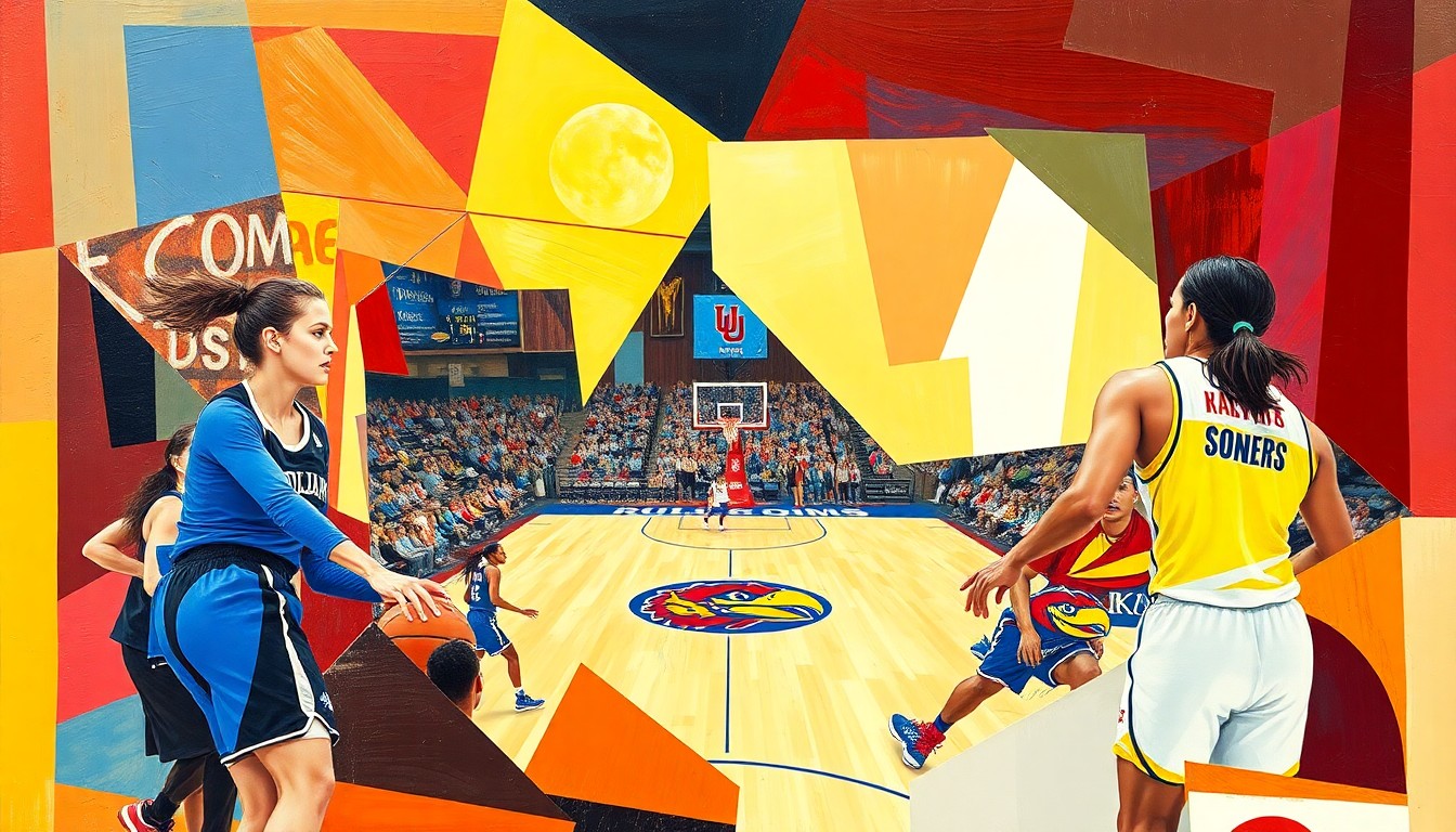 A cubist, geometric painting depicting the dynamic movements and energy of a women's basketball game, with the colors of the Oklahoma Sooners and Kansas Jayhawks uniforms fractured and abstracted across the canvas.