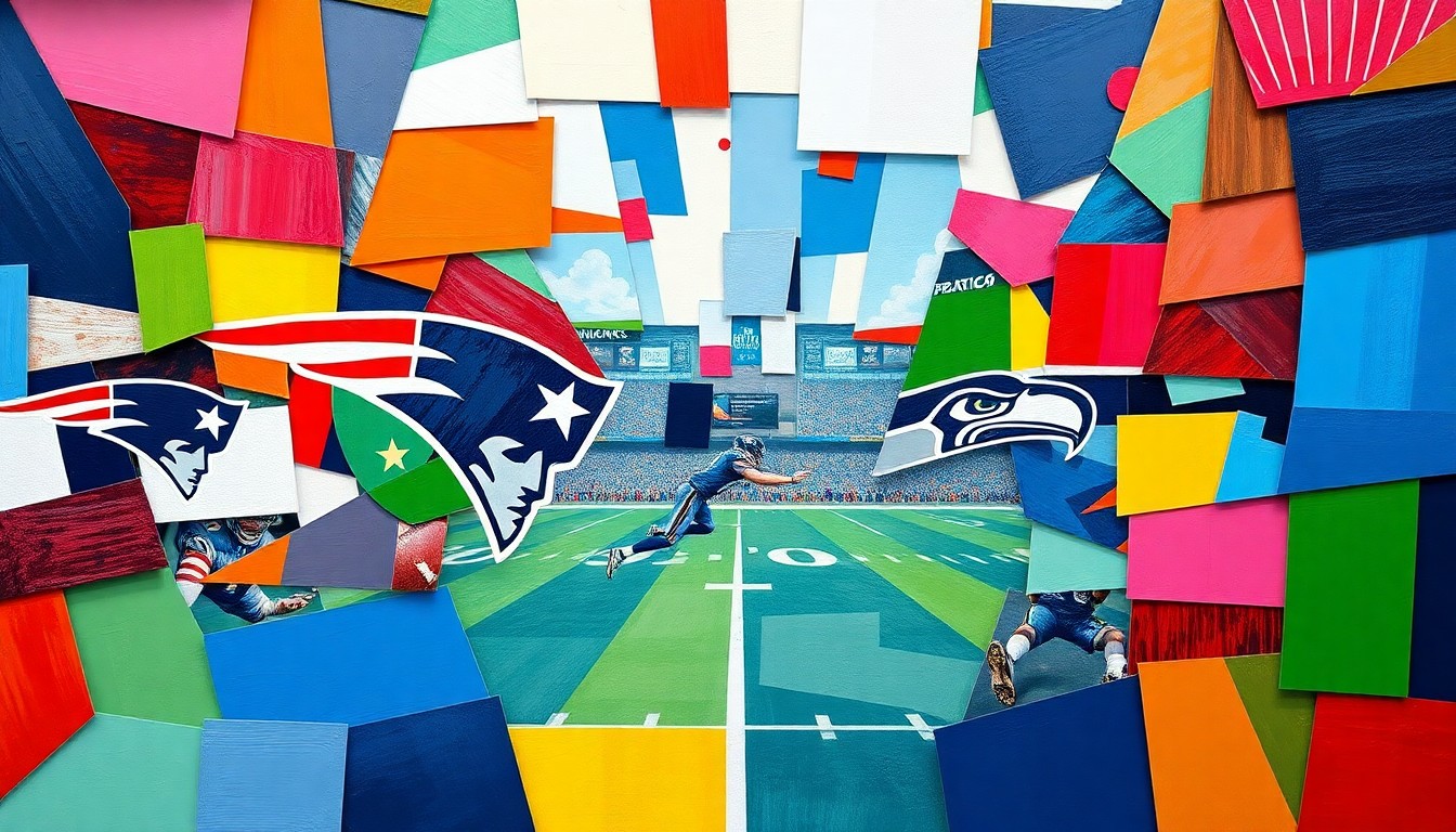 A cubist, geometric painting depicting a fragmented football game, with sharp planes of the Patriots' navy blue and silver colors overlapping the Seahawks' neon green and navy.