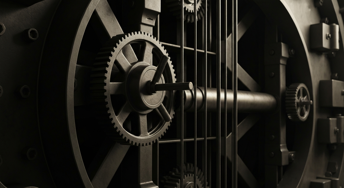 An extreme close-up of the heavy, intricate mechanisms of an industrial-scale bank vault door, representing the complex financial infrastructure behind Saul Centers' dividend payout.