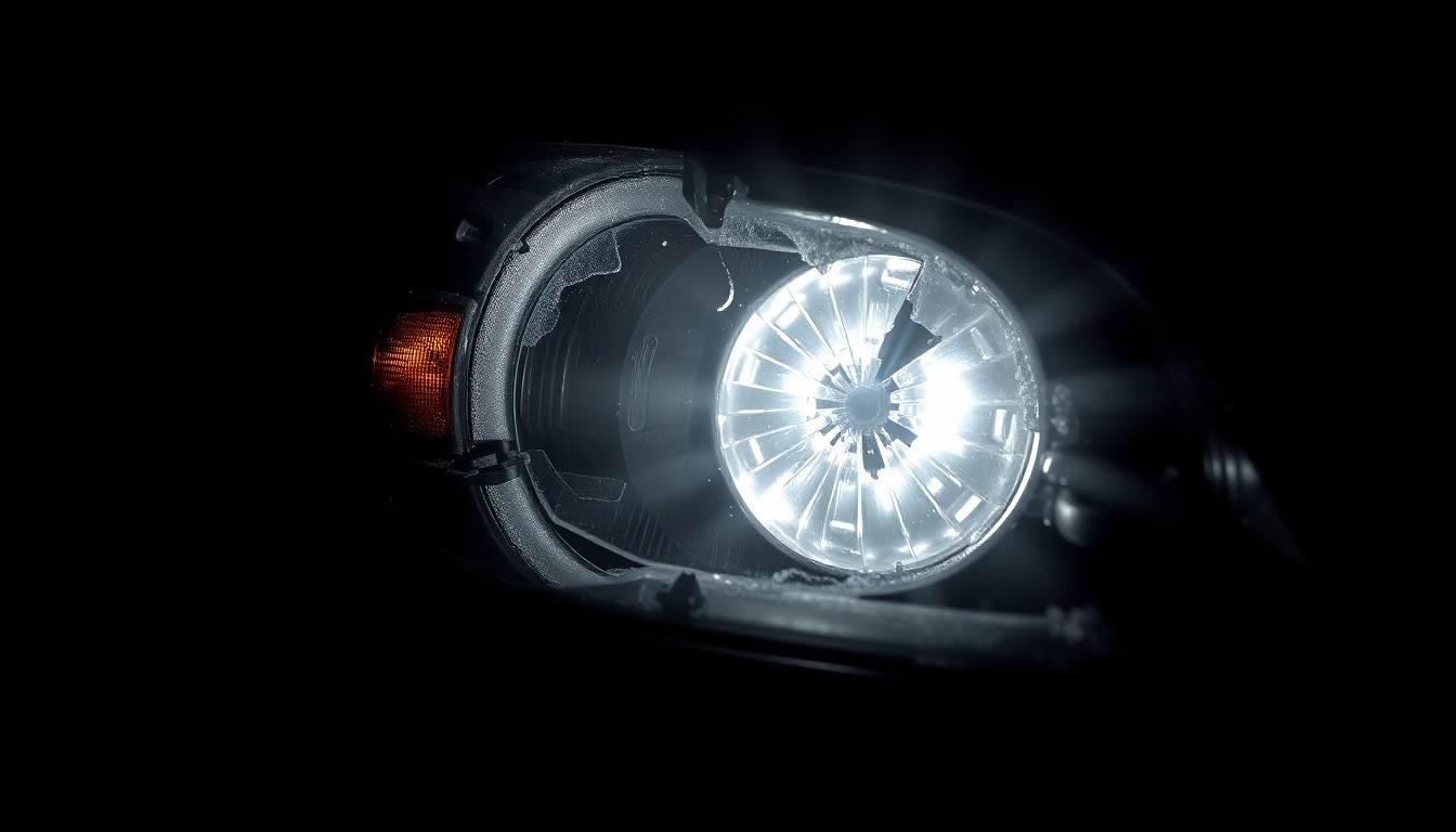 An extreme close-up of a damaged car part, such as a broken side mirror or cracked headlight lens, lit by a harsh, direct camera flash against a pitch-black background, conceptually illustrating the aftermath of a collision.