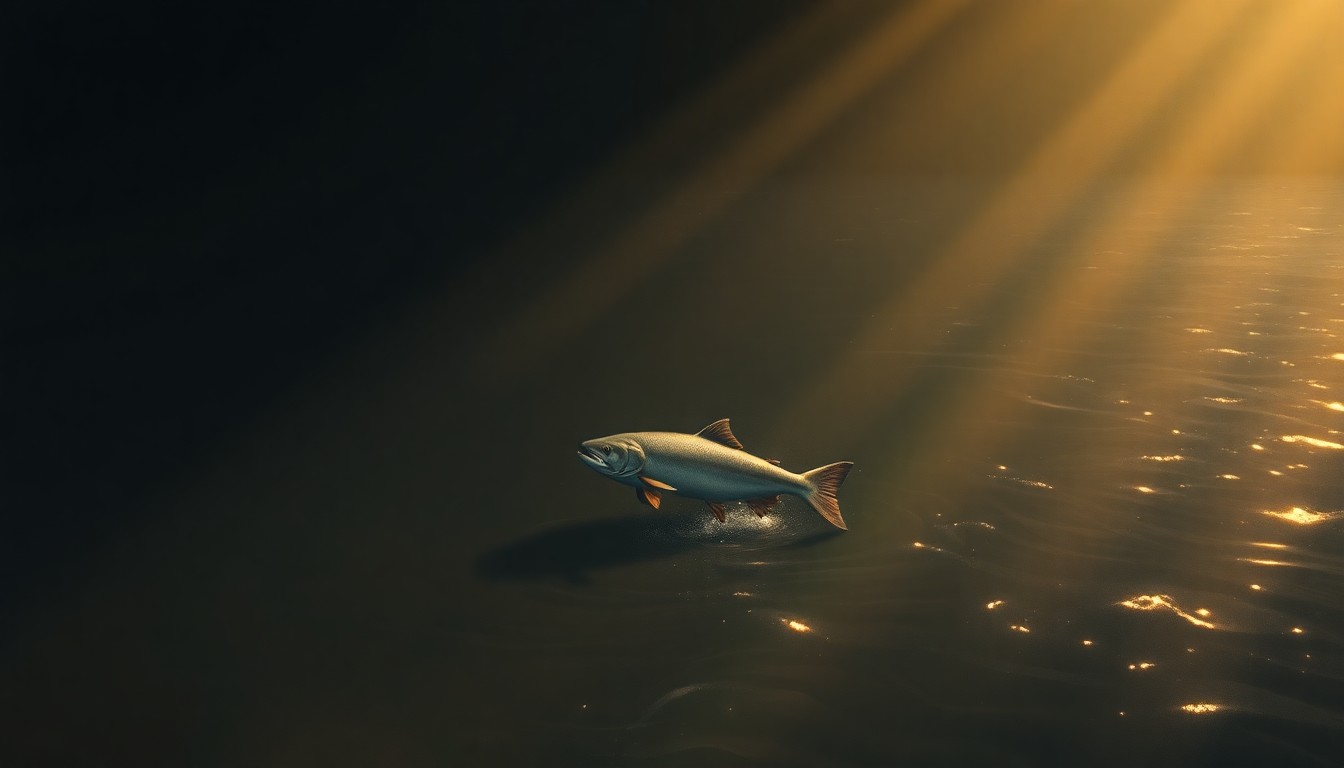 A realistic oil painting of a single salmon swimming upstream in a shadowy river, with the fish's form and movement reflected in the still water, conveying a sense of the fragility and resilience of these iconic Pacific Northwest creatures.