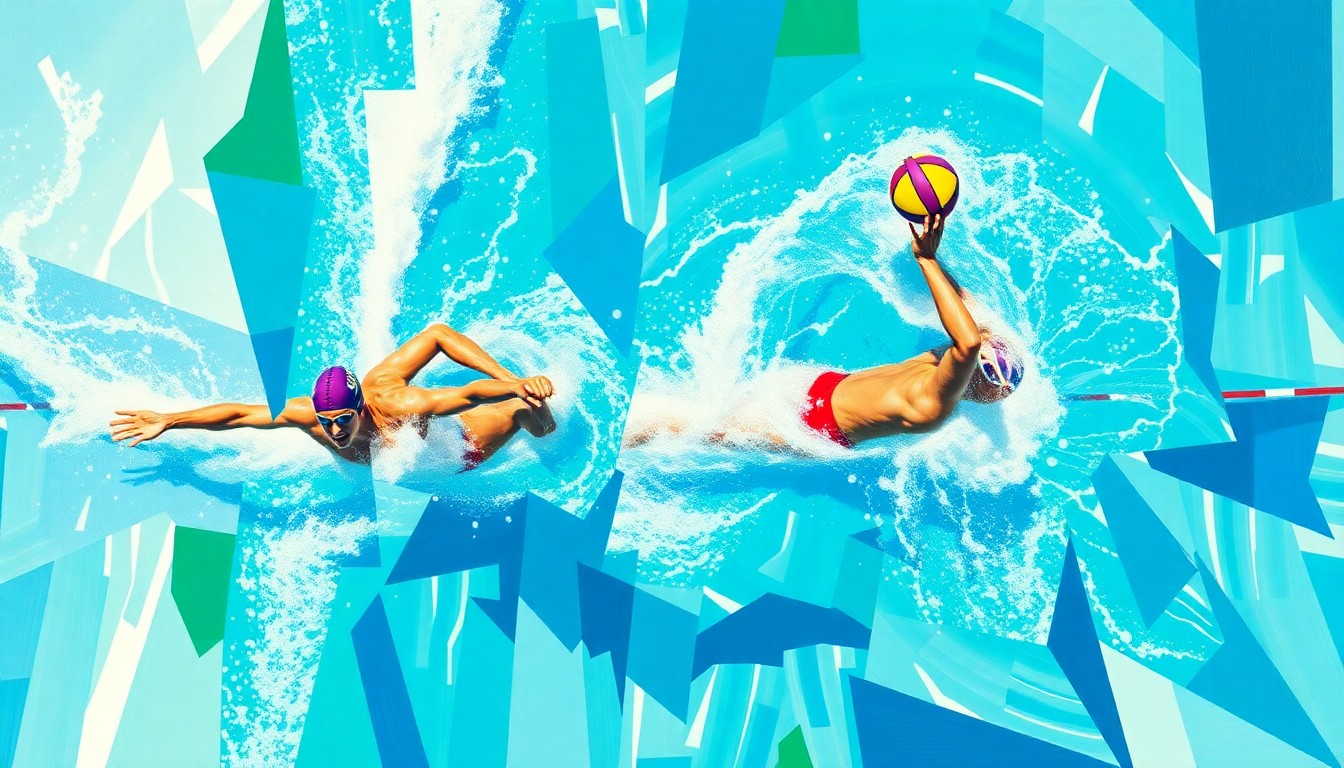 A cubist, geometric painting depicting a fragmented and overlapping scene of swimmers or water polo players, with vibrant blues, greens, and whites representing the water and athletic movements, conceptually illustrating the complex geopolitical factors surrounding the participation of Russian and Belarusian athletes in international competitions.