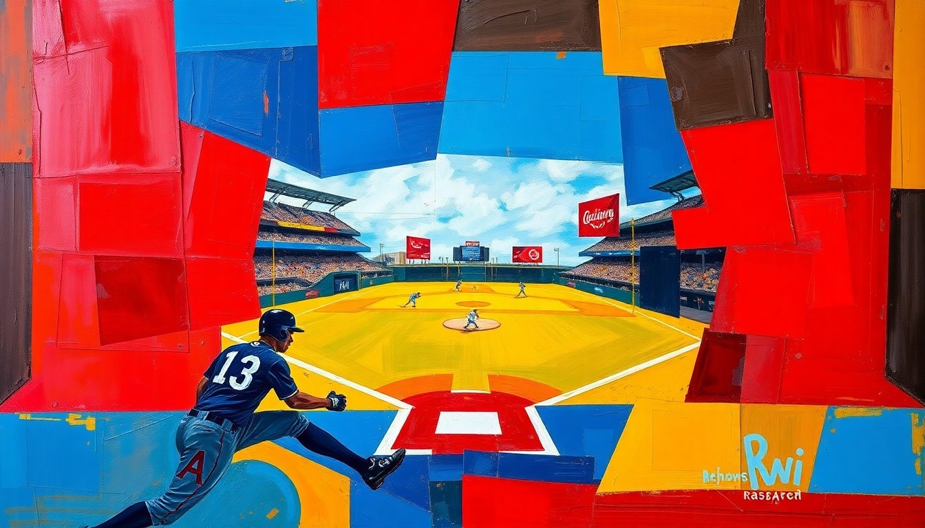 A cubist, geometric painting depicting a baseball player in the midst of a powerful swing, with the ball and player's body fractured into overlapping planes of vibrant colors.