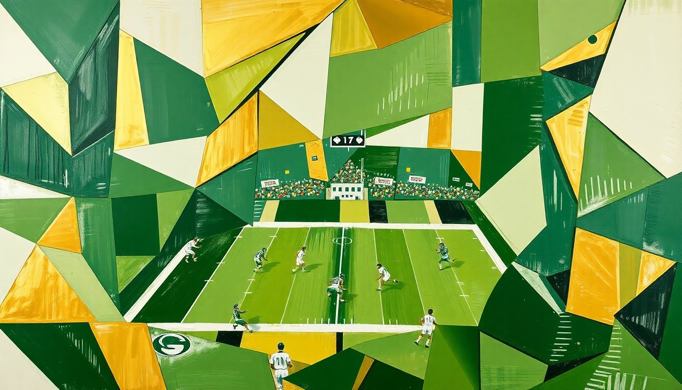 A cubist-style painting featuring overlapping geometric shapes and planes in shades of green, gold, and white, conceptually representing the Packers' search for new wide receiver talent in the draft.