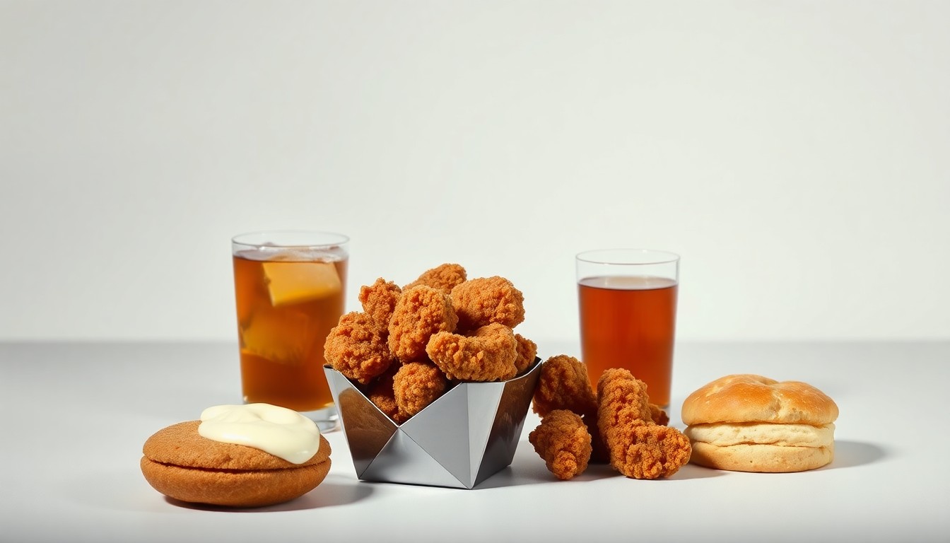 A high-end, photorealistic studio still-life photograph featuring a polished metal container filled with crispy fried chicken pieces, a glass of sweet tea, and a freshly baked buttermilk biscuit, all arranged elegantly on a clean, monochromatic background and lit with dramatic studio lighting to convey the premium quality and craftsmanship of the Southern-inspired cuisine.