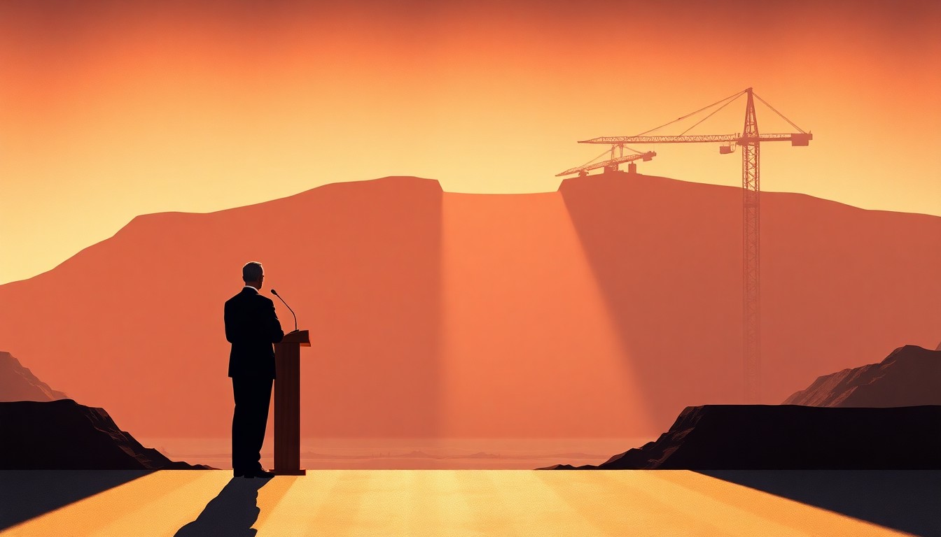 A serene, painterly scene of a lone government official standing at a podium in front of a partially constructed reservoir, the scene bathed in warm, dramatic lighting that casts deep shadows, conceptually representing the weighty environmental and infrastructure issues the governor is likely to address.