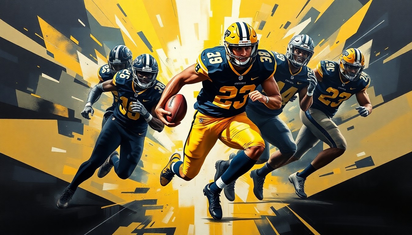 A cubist-style painting depicting the explosive movements and power of a running back, with sharp, overlapping geometric shapes in Purdue's team colors of gold, black, and white.