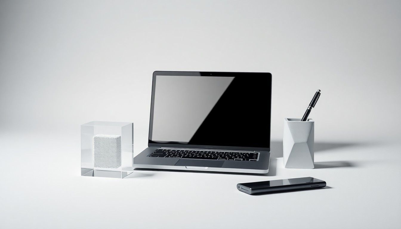 A high-end, photorealistic studio still-life photograph featuring a sleek laptop, glass data cube, and geometric pen holder, symbolizing ServiceNow's enterprise software platform and digital transformation solutions.