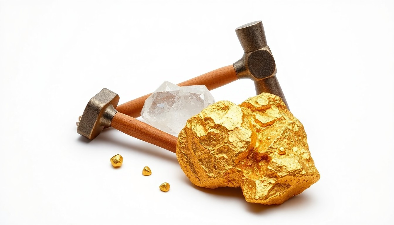 A photorealistic studio still life featuring a polished gold nugget, a quartz crystal, and a geological hammer, arranged elegantly on a clean, monochromatic background to symbolize the discovery and extraction of high-grade gold ore.