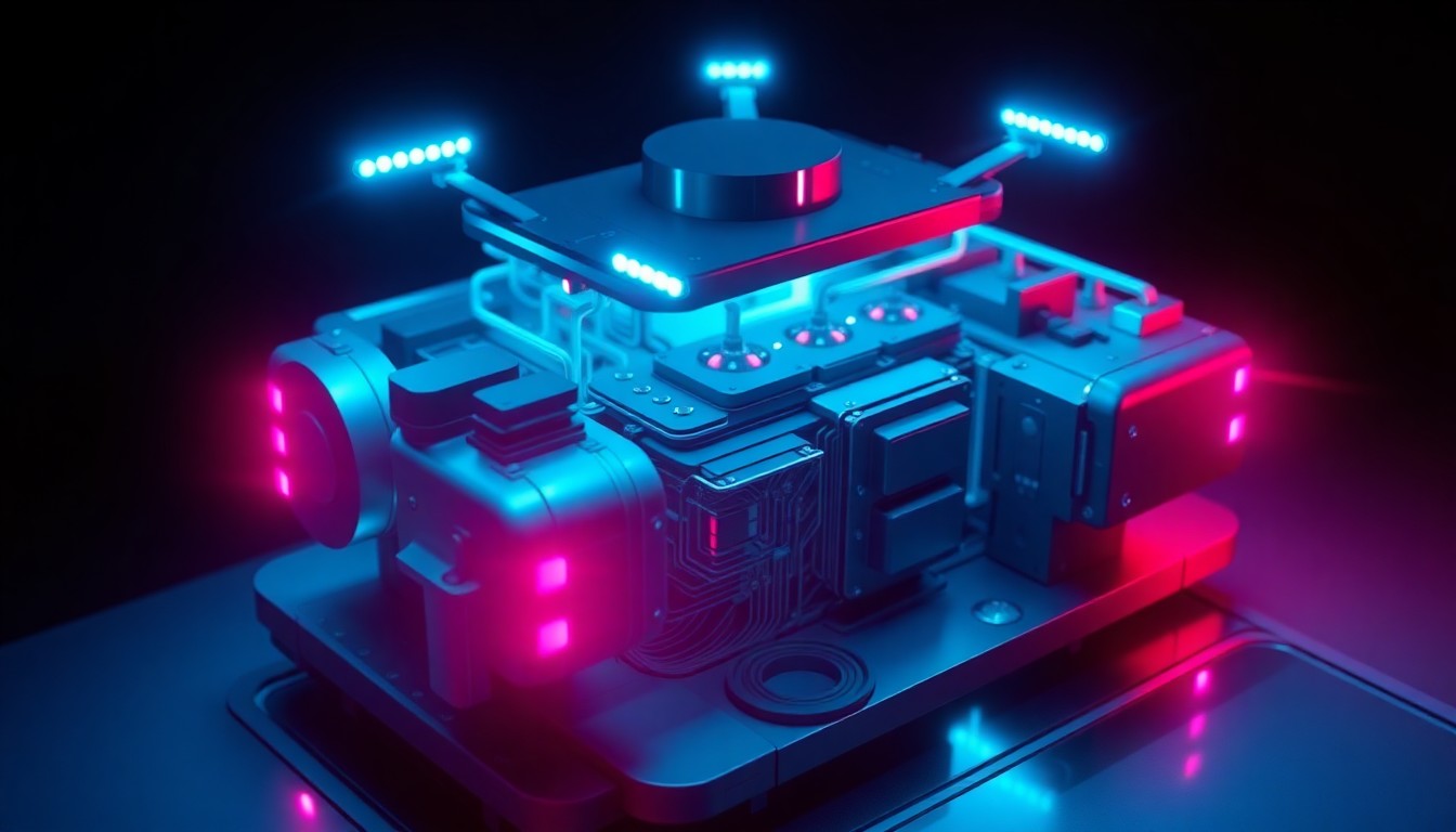 A highly detailed 3D illustration of the sensor array on a Waymo self-driving car, with glowing cyan and magenta lights illuminating the intricate hardware components, conceptually representing the vehicle's advanced technology for detecting road hazards.