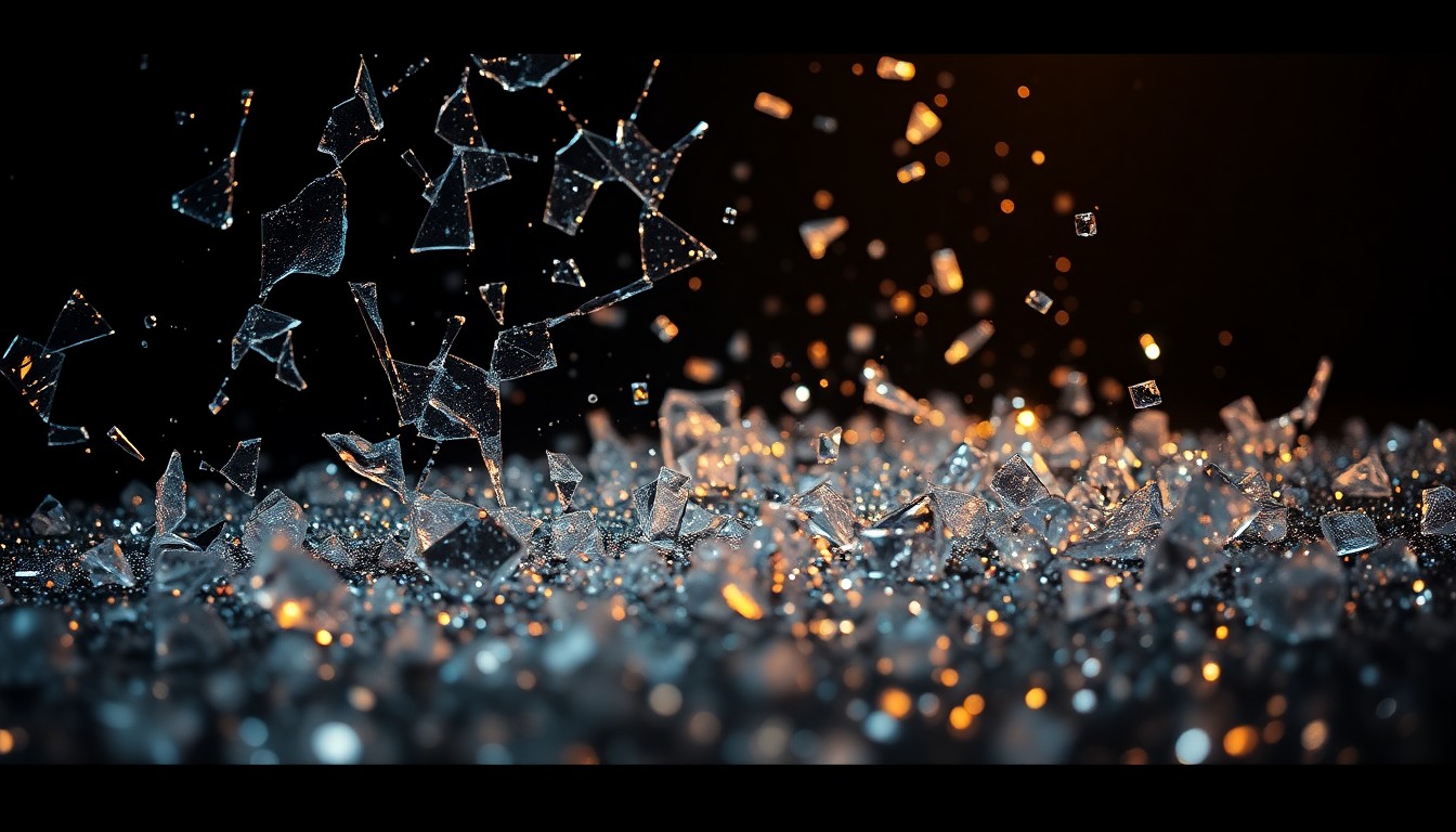 An abstract close-up image of shattered glass and glittering sequins, captured in dramatic, high-contrast studio lighting to convey the glamour and drama of the television industry.
