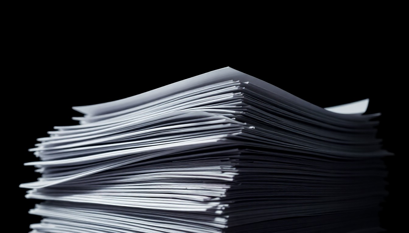 An extreme close-up of a stack of medical forms and documents, lit by a harsh, direct flash, conveying a stark, gritty investigative mood around the alleged immigration fraud scheme.
