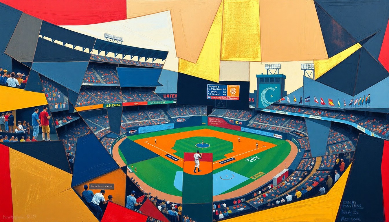 A fragmented, geometric painting depicting a baseball game or match, with sharp planes of navy blue, red, and gold overlapping to create a sense of motion and energy, representing the challenges facing the New York teams.