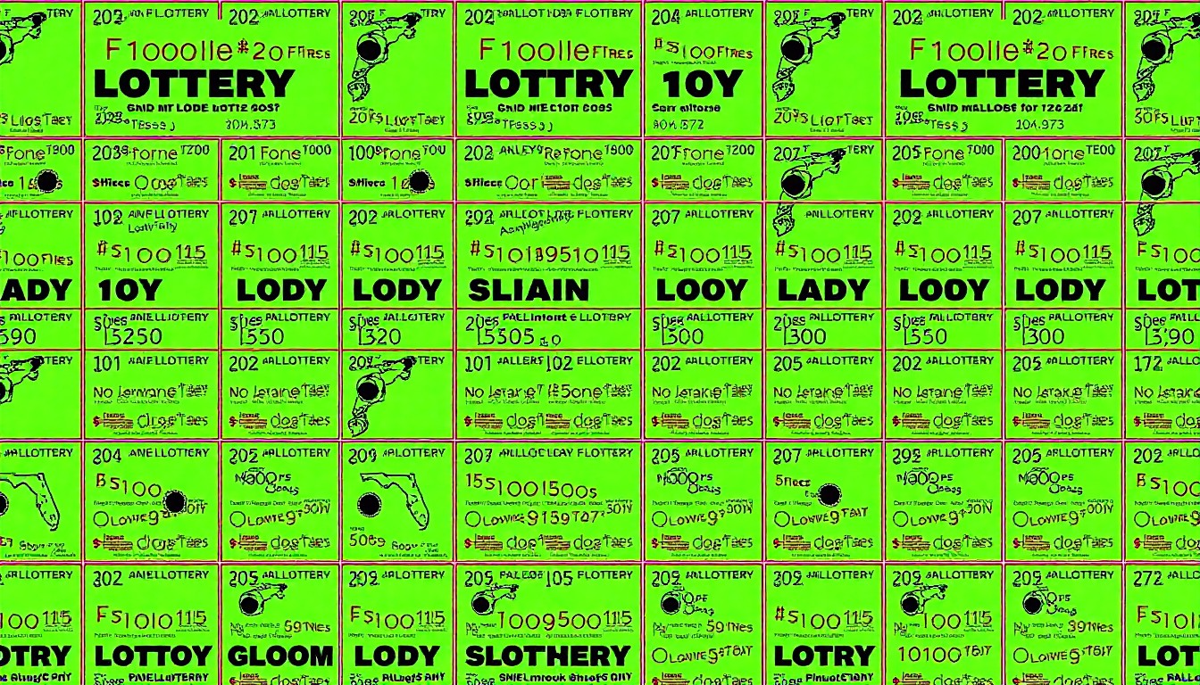 A bold, colorful silkscreen-style illustration featuring a repeating pattern of Florida Lottery tickets in bright neon hues, conceptually representing the lottery's significant financial contributions to the state's education system.