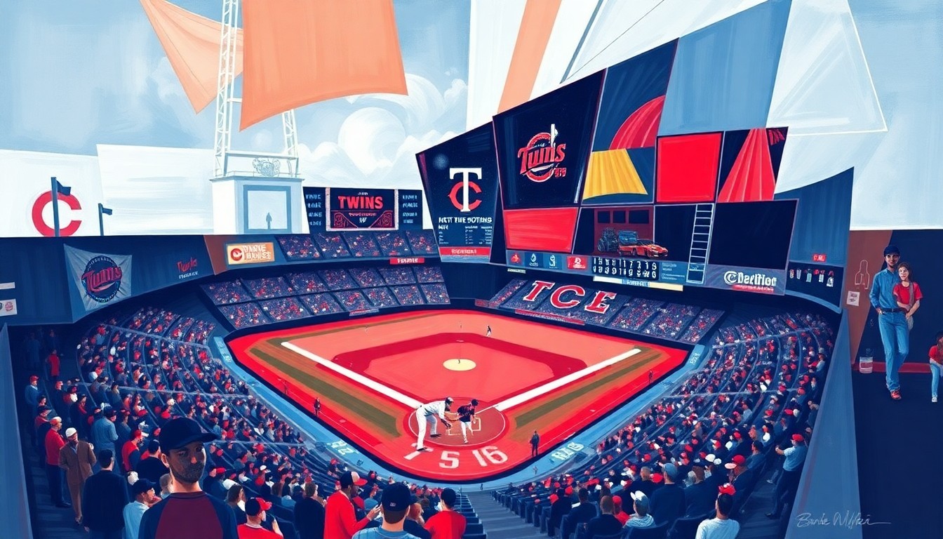 A cubist, geometric painting depicting a Twins baseball game, with sharp overlapping planes of navy blue, red, and white, capturing the dynamic energy of the team's recent success.
