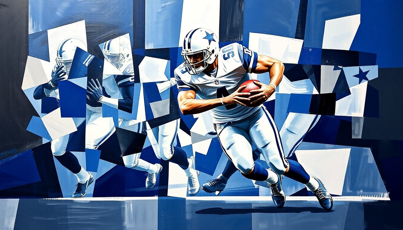 A fractured, geometric painting depicting a football player in motion, their body broken down into sharp, overlapping planes of navy blue, silver, and white, conveying the raw energy and power of a defensive play.