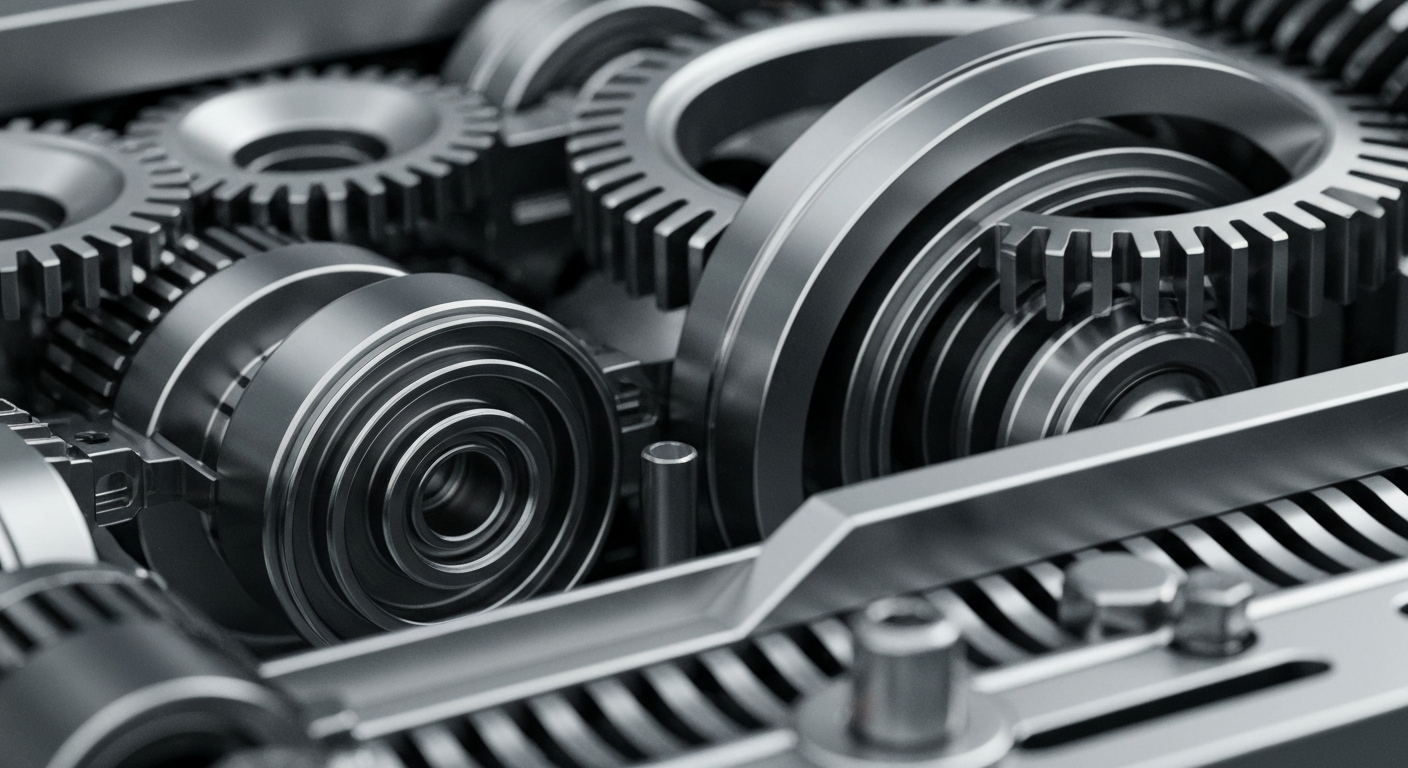 A highly detailed, macro-level image of the inner workings of a complex piece of industrial machinery, capturing the precision and technical sophistication of Lam Research's semiconductor equipment.