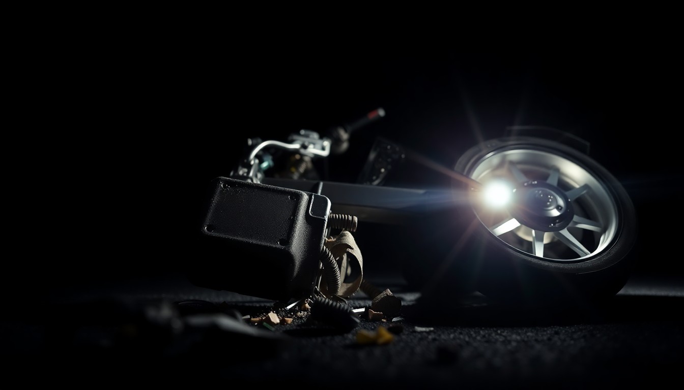 An extreme close-up photograph of a damaged motorcycle part or piece of debris from an accident scene, lit by a harsh, direct camera flash against a pitch-black background, conveying a stark, gritty, investigative aesthetic.