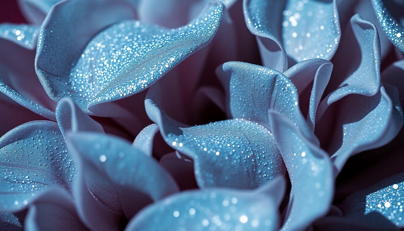 An extreme close-up of iridescent, glittering floral petals in shades of pale blue and black, capturing the luxurious, high-fashion texture and dramatic lighting of a Coachella beauty look.