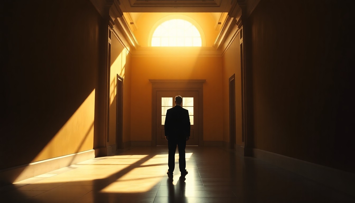 A moody, cinematic painting of an empty government building hallway, with a solitary figure of a politician standing alone and bathed in warm, diagonal sunlight and deep shadows, conveying a sense of uncertainty and isolation.