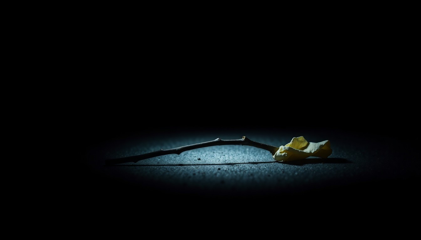 An extreme close-up photograph of a single piece of crime scene evidence, such as a broken twig or a discarded item of clothing, lit by a harsh, direct camera flash against a pitch-black background, conceptually illustrating the investigation into an unexplained death.