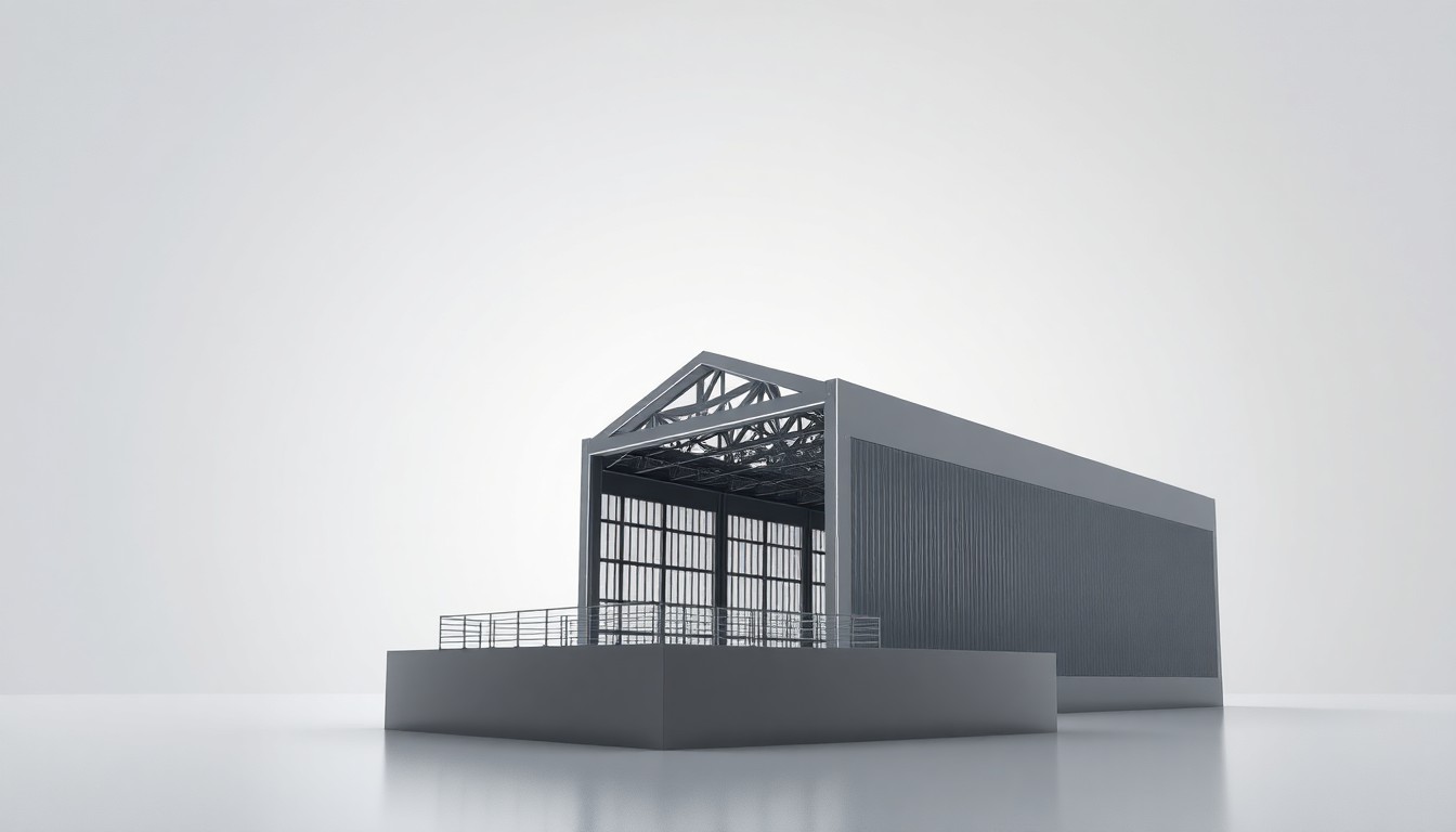 A polished, geometric metal sculpture representing an industrial warehouse or distribution center, set against a clean, monochromatic background and dramatically lit to symbolize the abstract concepts of commercial real estate investment and economic growth.