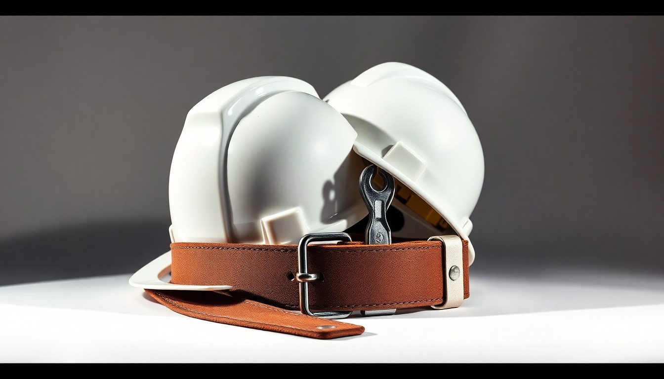 A high-end, photorealistic studio still-life photograph featuring a polished, chrome-plated lineman's tool belt and hardhat resting on a clean, white seamless background. The objects are dramatically lit from the side, casting deep shadows to conceptually represent the hazardous yet vital work of power lineworkers.