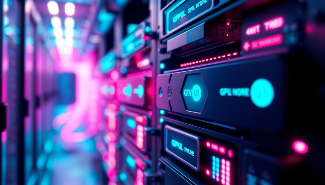A highly detailed, 3D macro illustration of a GPU server rack, its components glowing with vibrant neon cyan and magenta lights, conceptually representing the advanced hardware powering AI data centers and the need for skilled technicians to deploy this critical infrastructure.