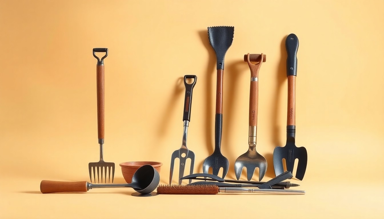 A high-end, photorealistic studio still-life photograph featuring a collection of polished farm tools and equipment arranged elegantly on a clean, monochromatic background, conceptually representing the challenges and investments Vermont farmers have had to make in response to the 2025 drought.