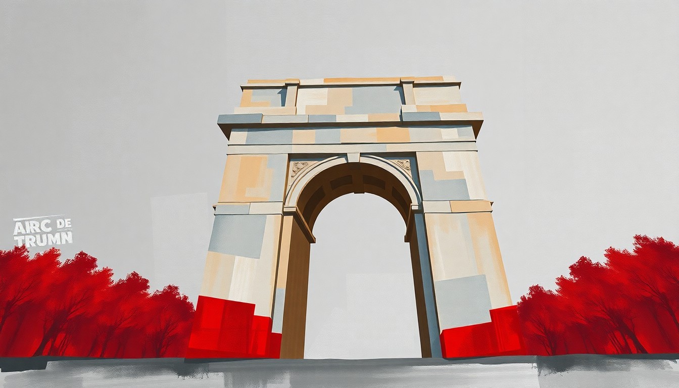 A dynamic, fragmented painting of a large, imposing arch structure in shades of gray, ochre, and red, conceptually representing the proposed 'Arc de Trump' monument and the controversy surrounding it.
