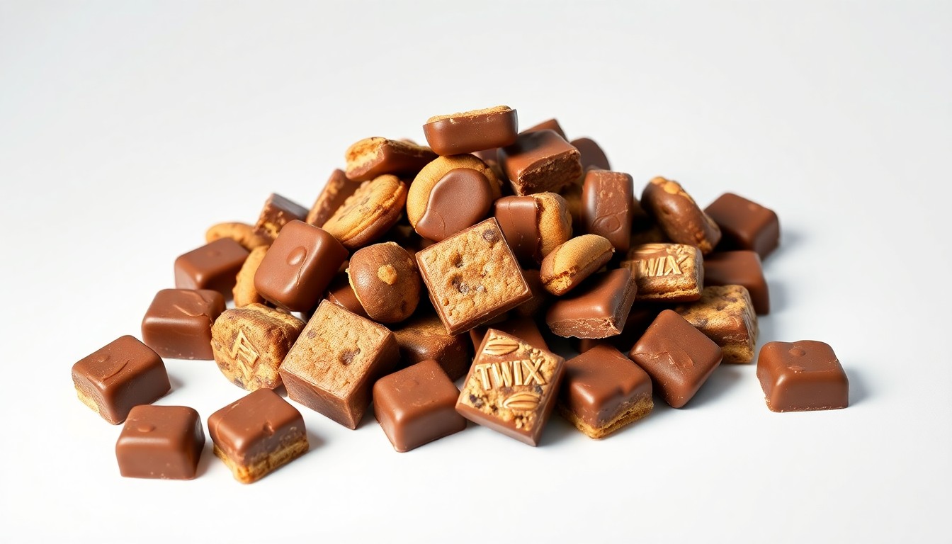 A high-end, photorealistic studio still-life photograph featuring a pile of TWIX Bits candy pieces arranged elegantly on a clean, white seamless background, conceptually representing the premium quality and dual nature of the new TWIX product.