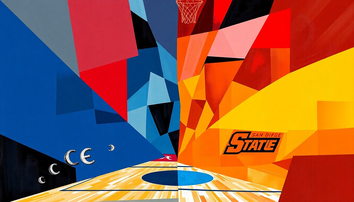 A cubist, geometric painting depicting the dynamic movements and energy of a college basketball game, with sharp, overlapping shapes in the official colors of Providence College and San Diego State.