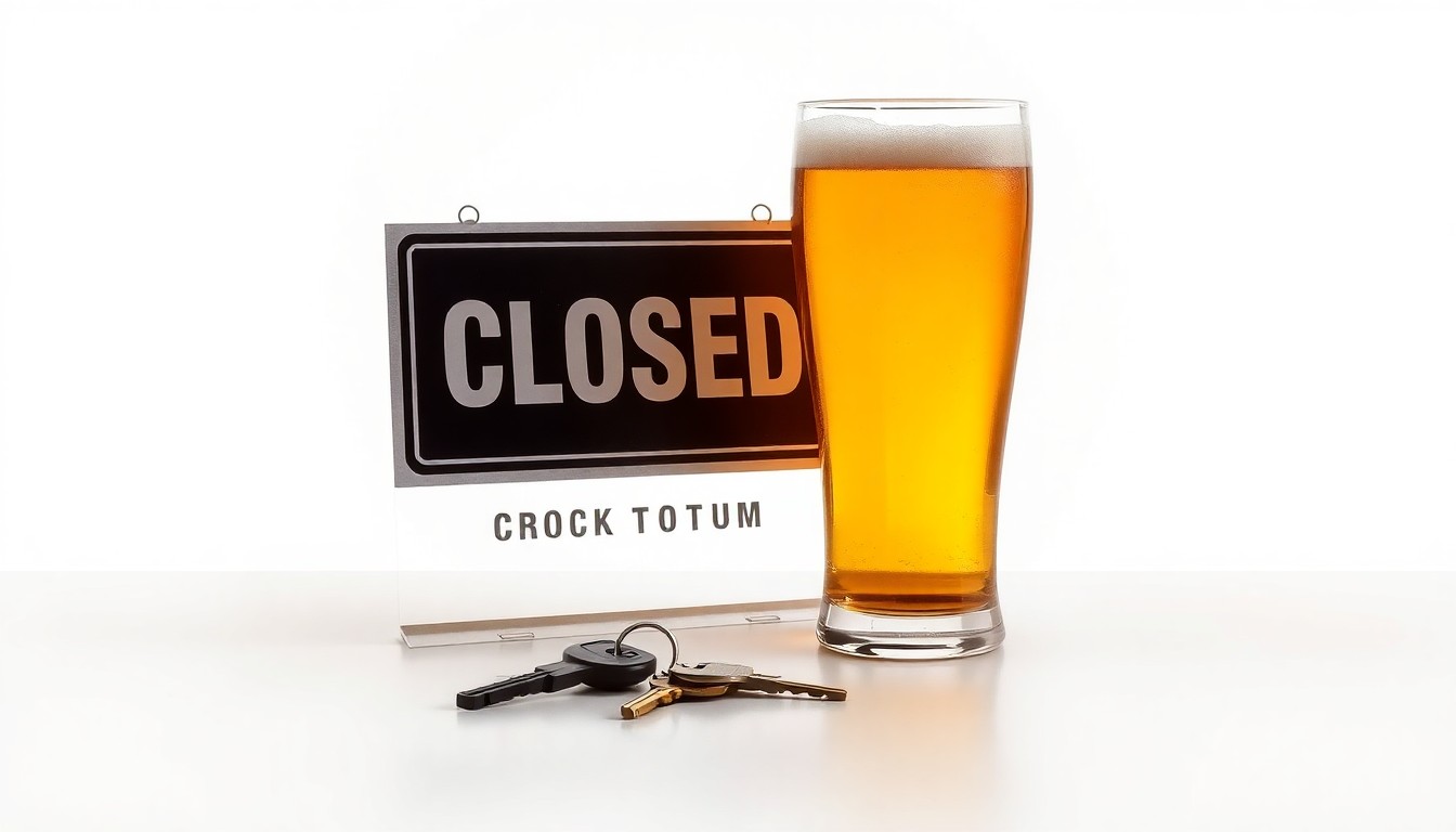 A photorealistic studio still life featuring a closed sign, a set of keys, and a half-empty beer glass on a clean, monochromatic background, conceptually representing the shuttering of a restaurant location.