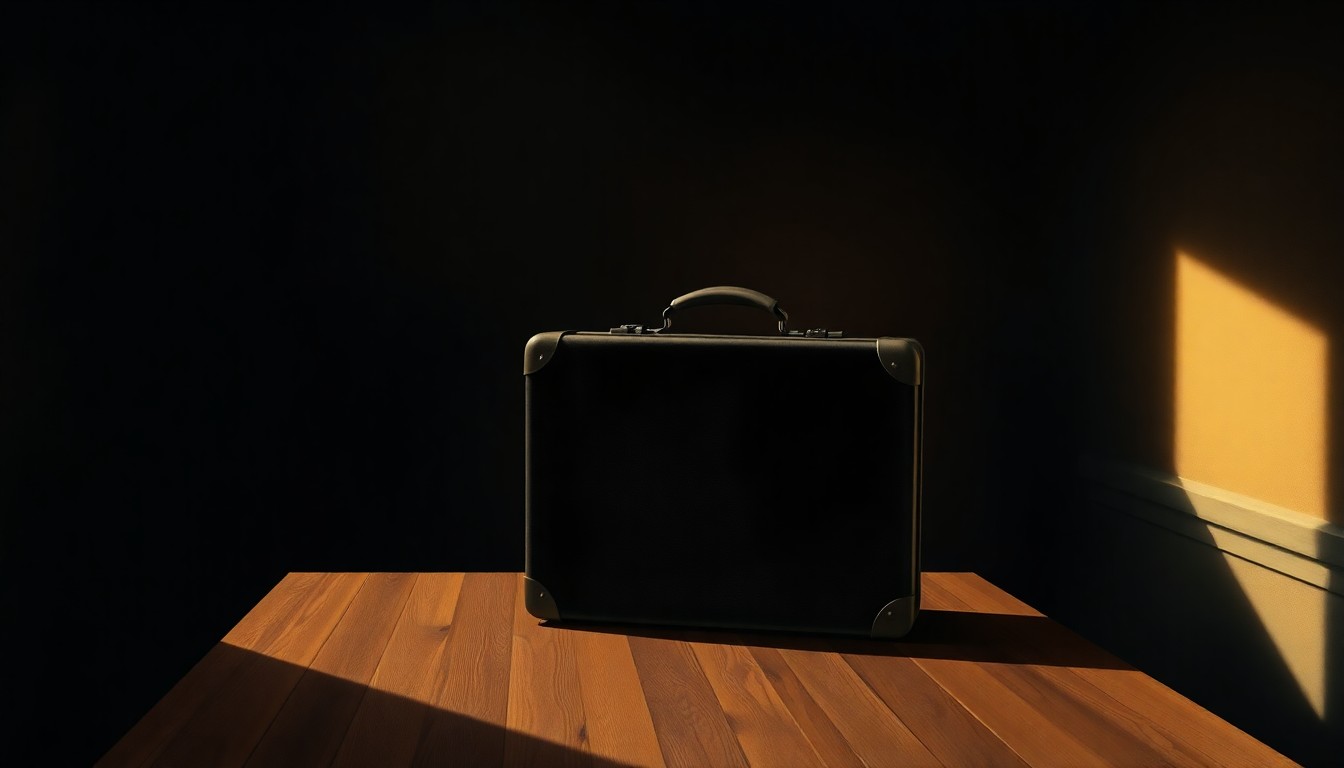 A cinematic painting of a solitary diplomatic briefcase on a wooden table, with warm sunlight and deep shadows, conveying a sense of quiet contemplation around high-stakes geopolitical negotiations.