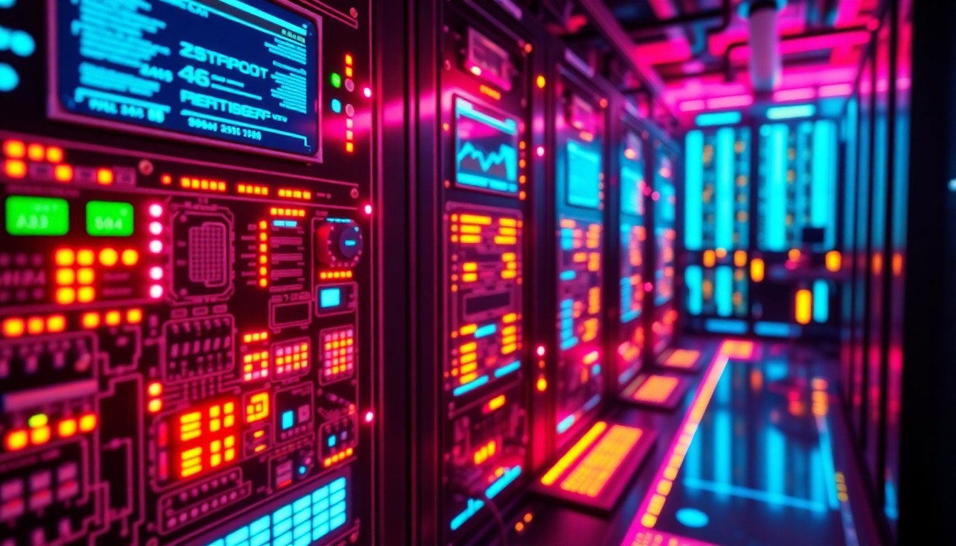 A highly detailed, glowing 3D macro illustration of a futuristic, illuminated control panel or data center infrastructure, representing the digital transformation of the modern workplace. The panel features recognizable tech elements like circuit boards, fiber optic cables, and pulsing lights in a palette of neon cyan and magenta, conceptually illustrating the complex and uneven impact of AI on the American workforce.