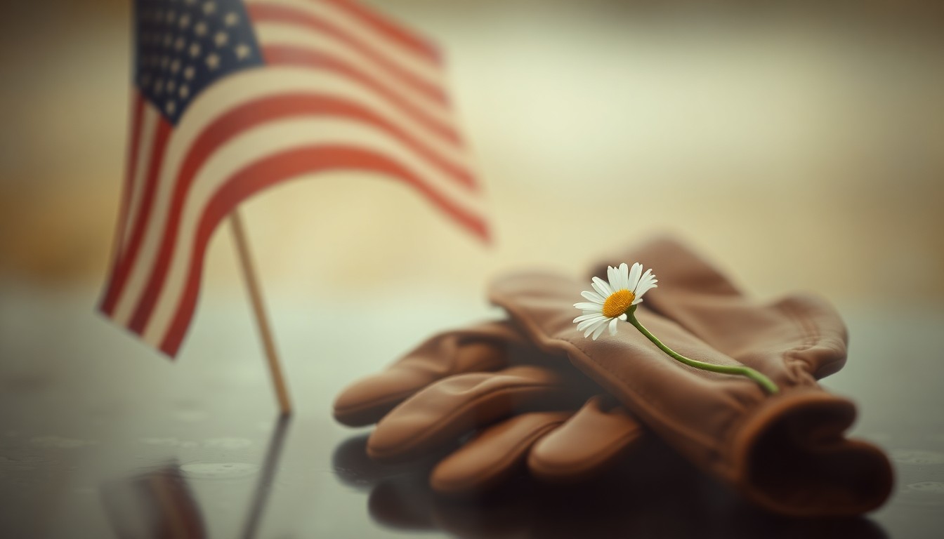 An abstract, out-of-focus photograph depicting a small American flag, a pair of worn leather work gloves, and a single white daisy, all softly blurred together in pools of warm, muted color, conceptually representing the life and legacy of Russel Eugene Higgins.
