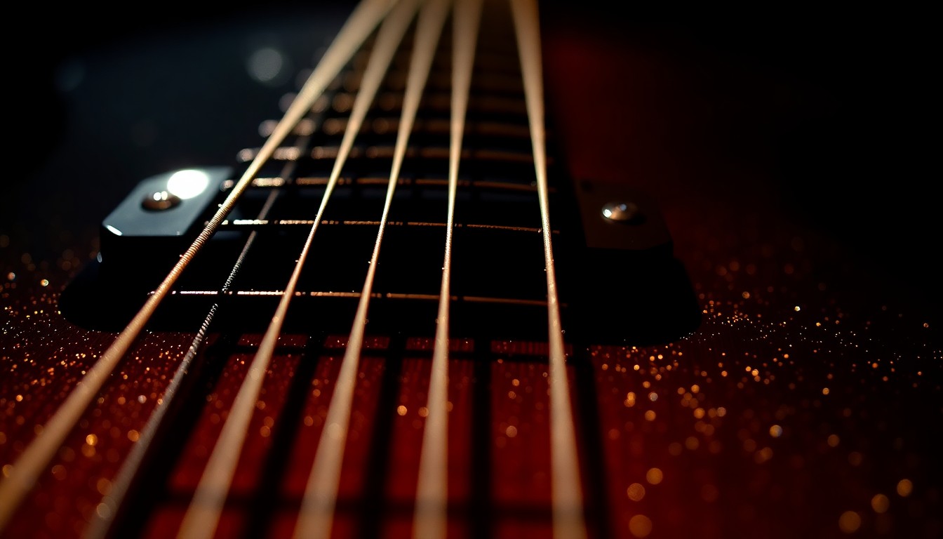 An extreme close-up photograph of the intricate textures and glittering details of Tom Dumont's guitar strings, captured in dramatic, high-contrast studio lighting to create a conceptual, abstract representation of the musician's resilience in the face of his Parkinson's diagnosis.