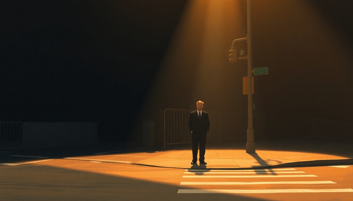 A cinematic painting of a lone political figure standing on a city street corner, the scene bathed in warm light and deep shadows, conceptually representing the quiet power of local political endorsements.